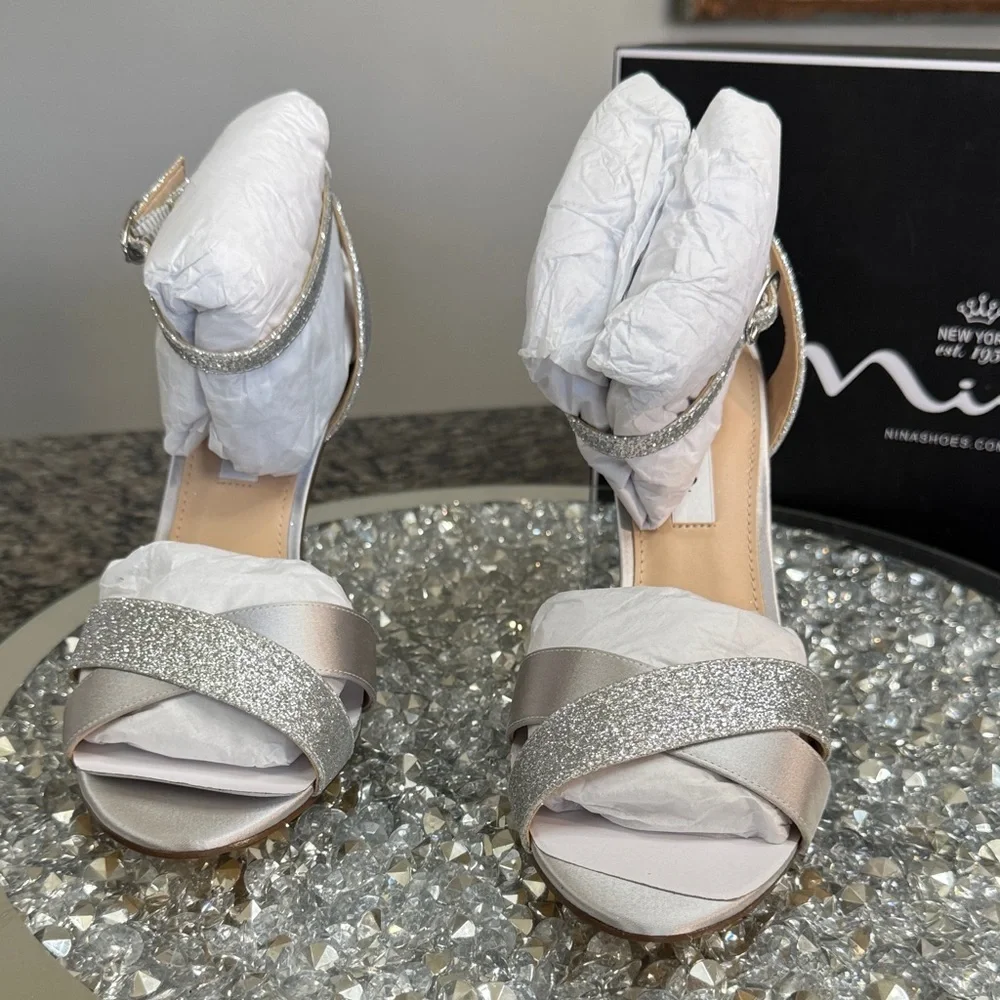 Nina Venus Silver Glitter & Satin Strappy High Heels NEW 9
